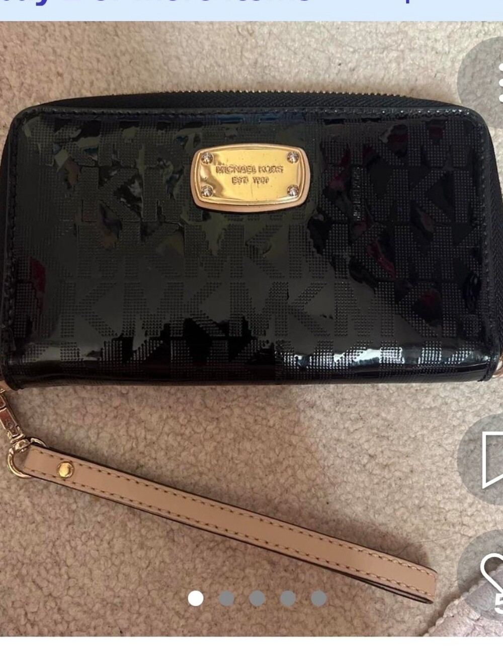 Michael Kors Black Patent MK Logo Wristlet with Gold Plaque